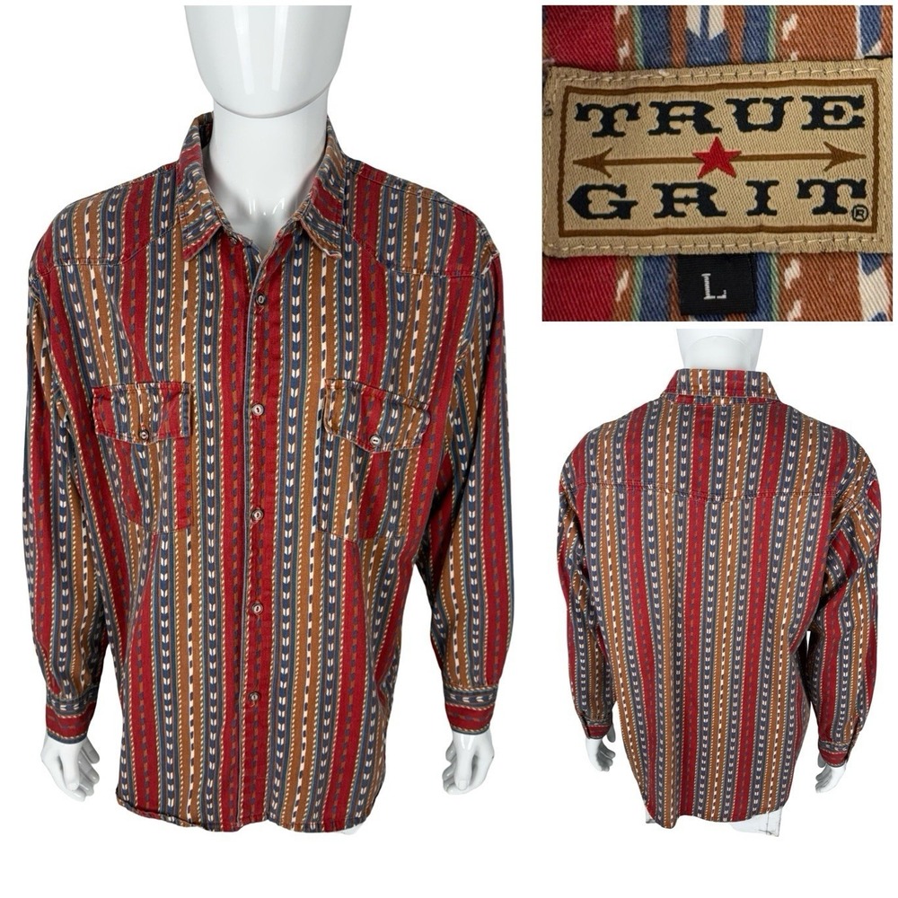 True Grit Mens Large Shirt Long Sleeve Button Up Aztec Striped Made USA Vintage